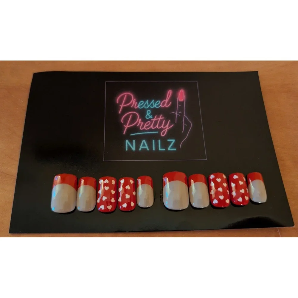 Press On Nails French Tip with Red Hearts, Hand Panted Gel, Valentine's Day